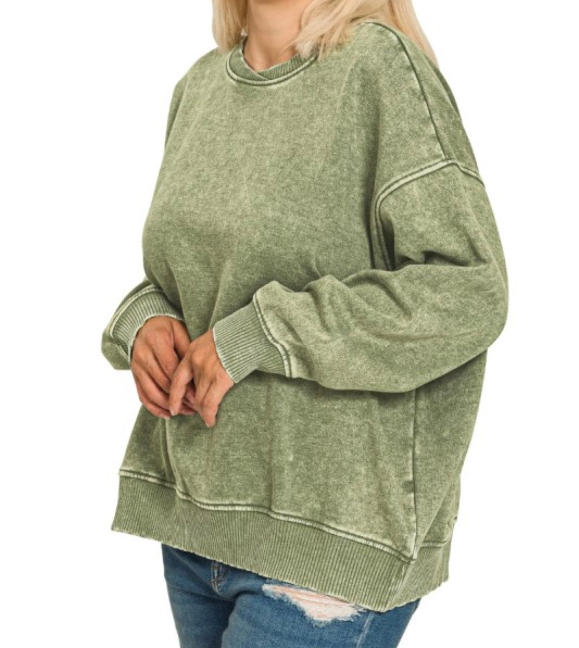 Light Olive Plus Acid Wash Fleece Pullover