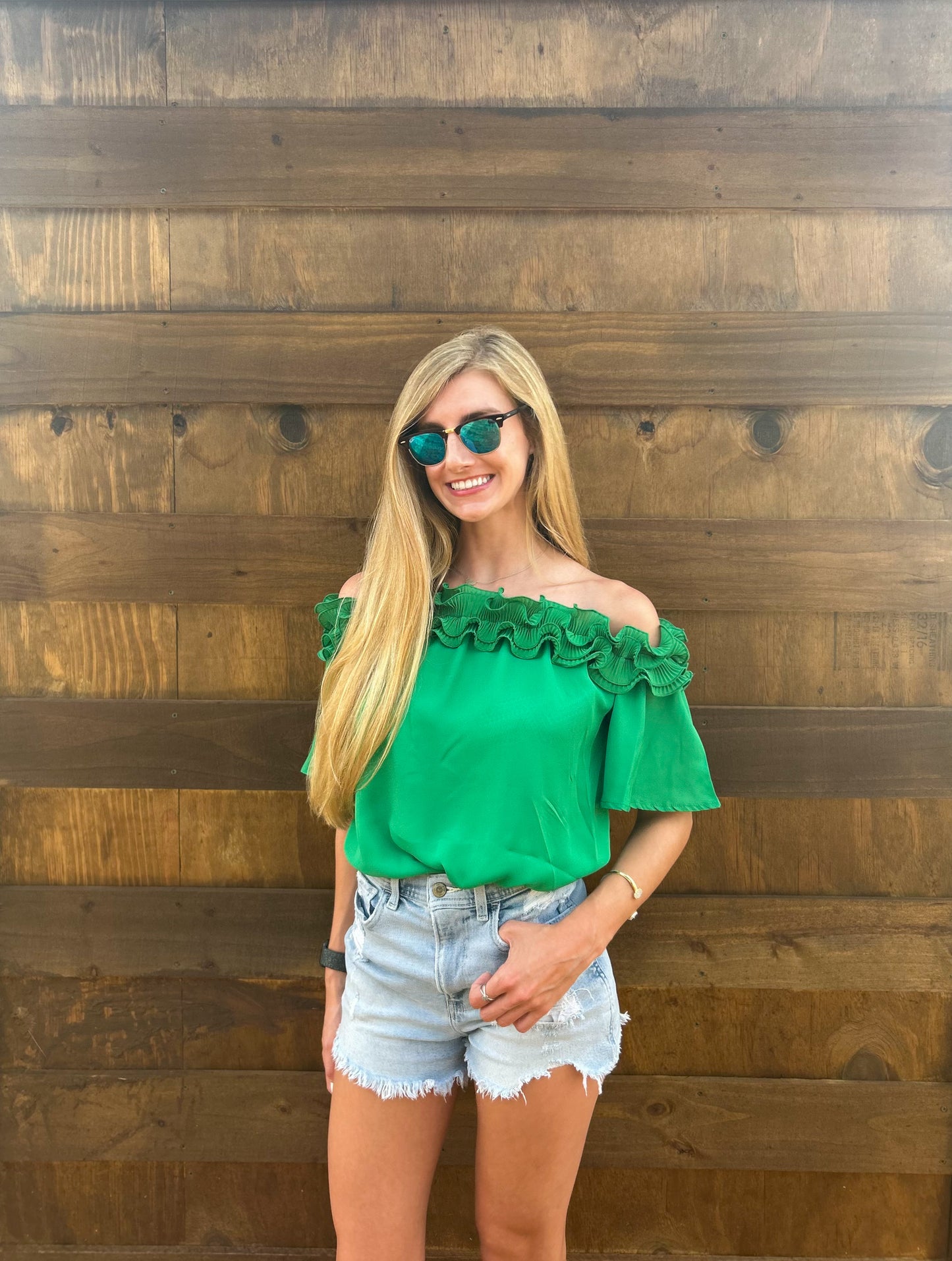 Pleated Ruffle Off The Shoulder Green Blouse