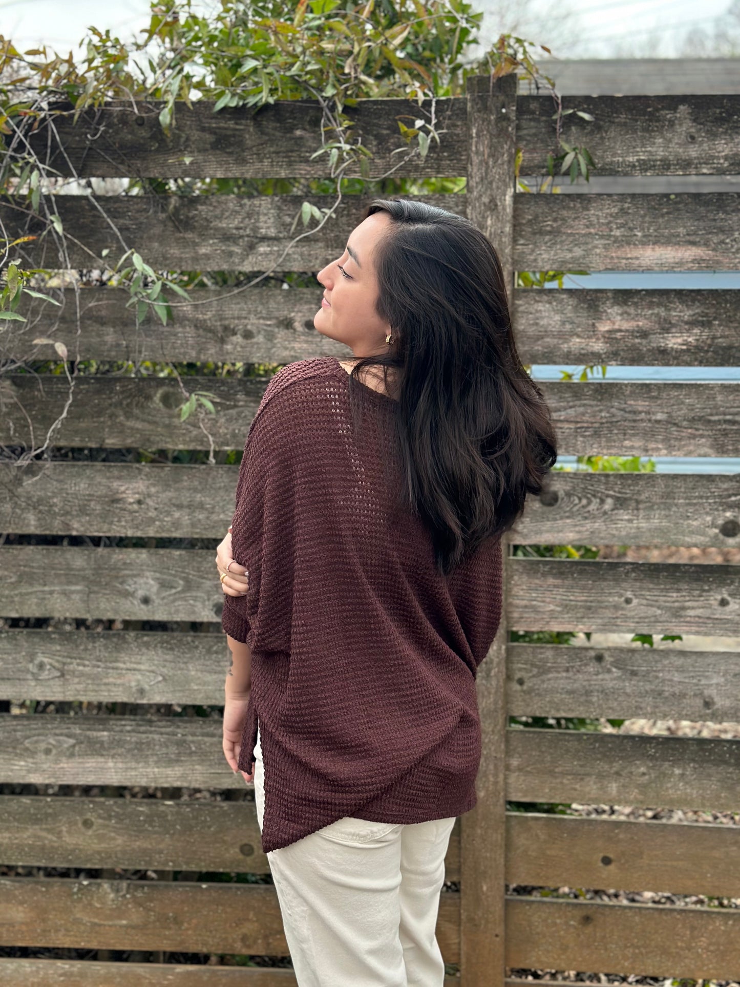 Mahogany 3/4 Sleeve V-Neck Hi-Low Hem Jacquard Sweater