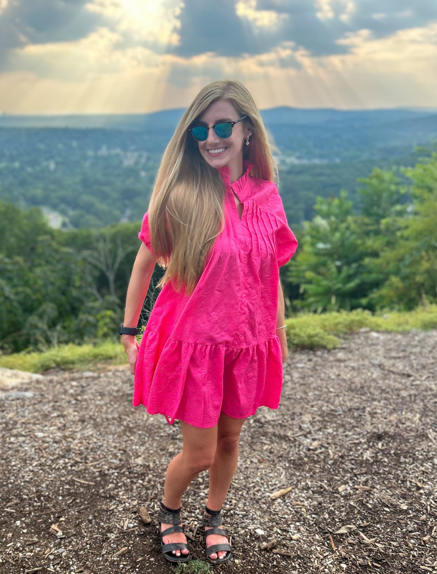 Solid Textured Short Puff Sleeve V-Neck Dress