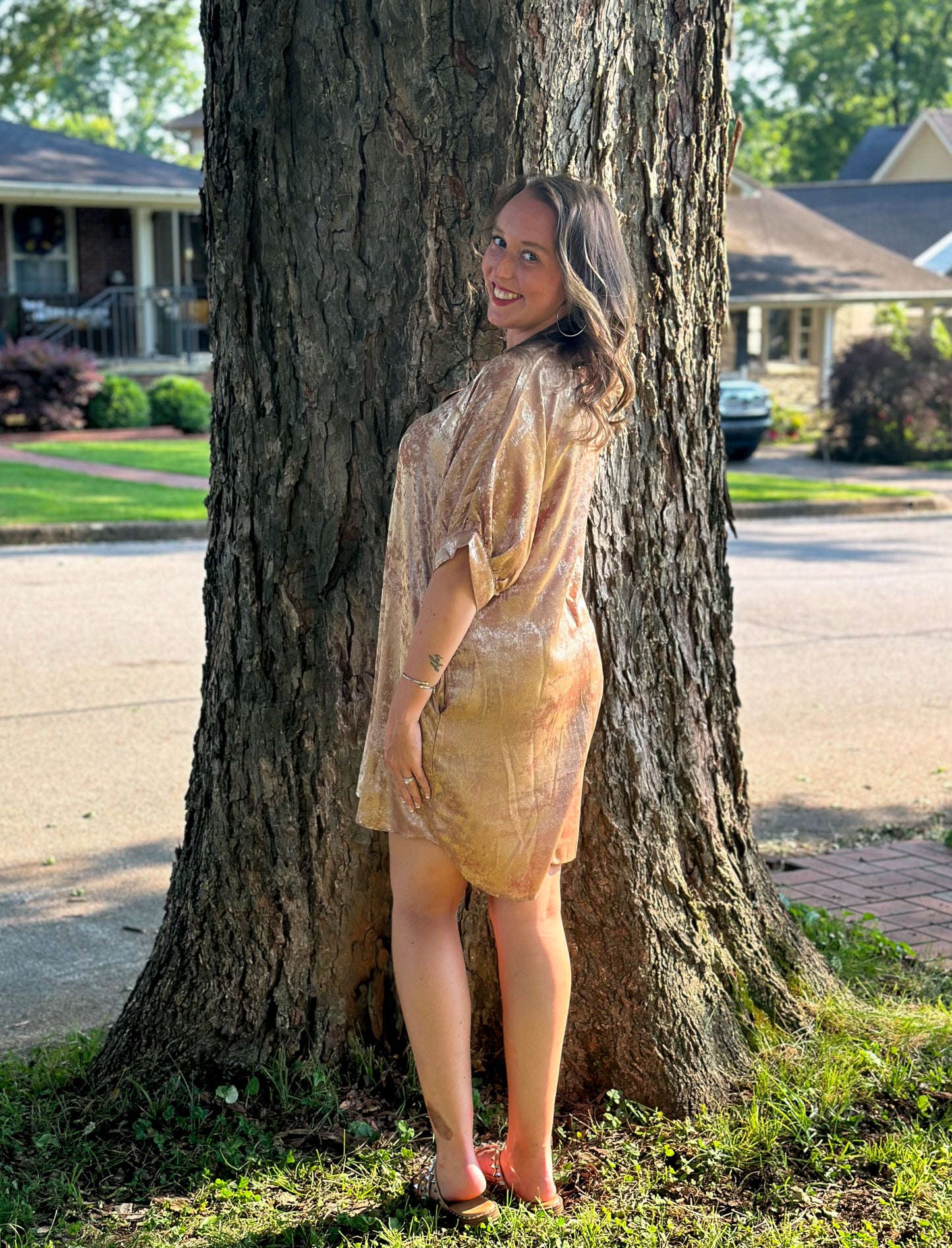 Caramel Metallic Dress with Pockets