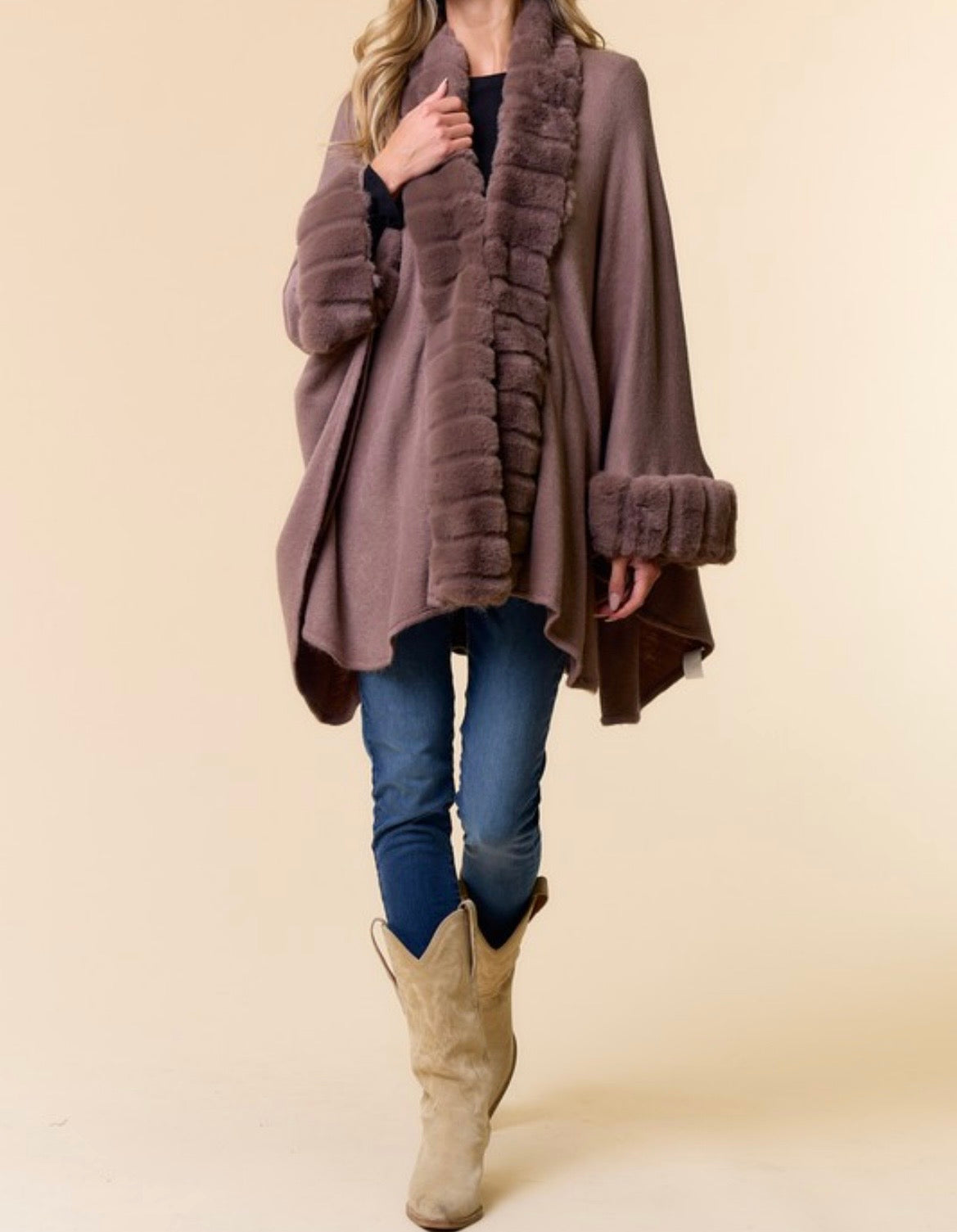 Mocha Plush Faux Fur Trim Cape Coat