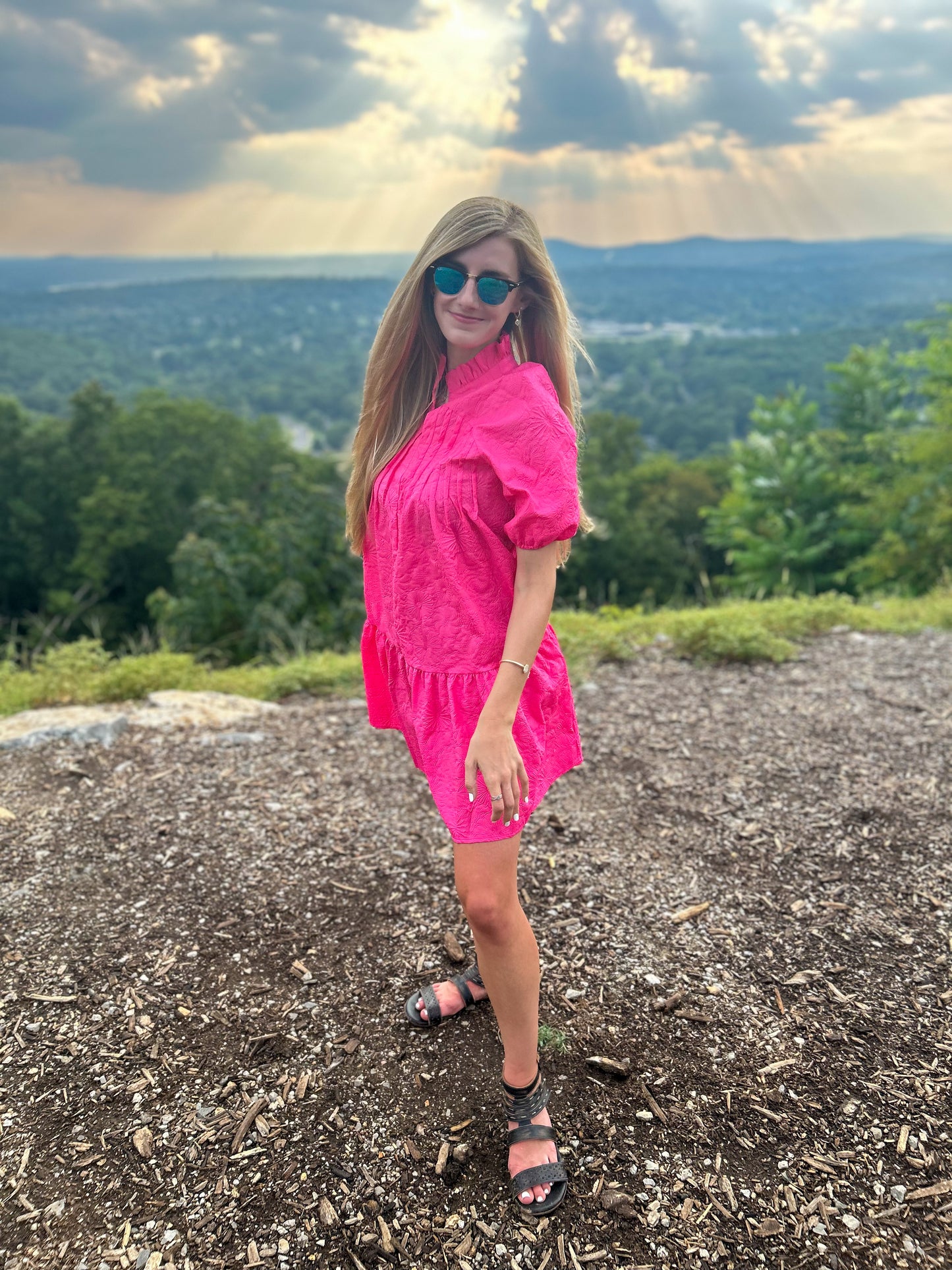 Solid Textured Short Puff Sleeve V-Neck Dress