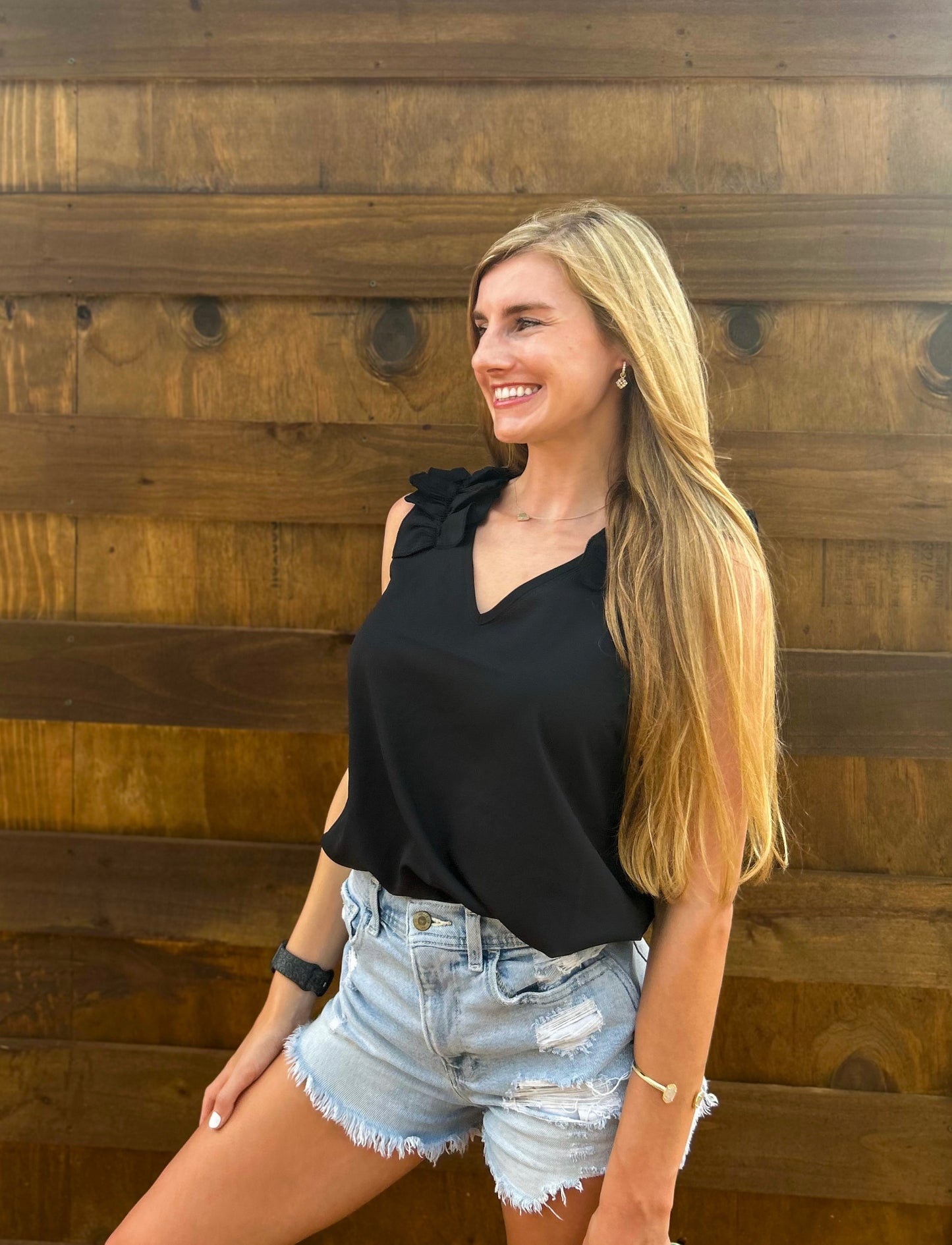 Woven Wool Ruffle Trim Sleeveless Top