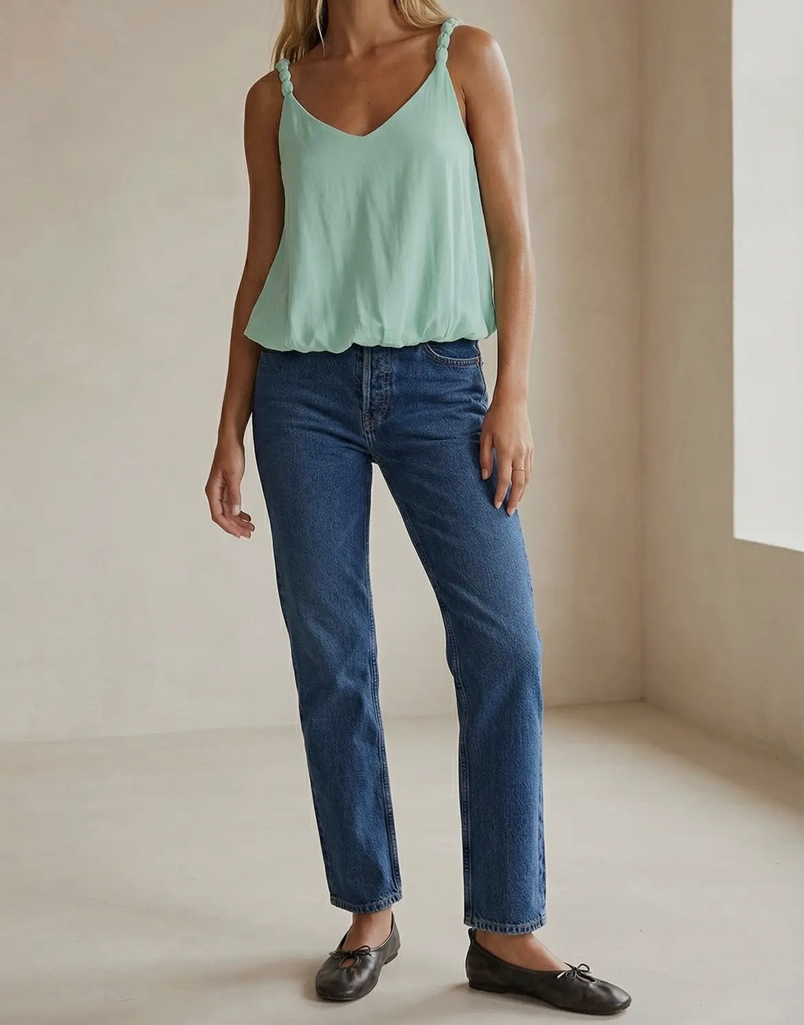 Billowy Strap Accent Tank Top-Fair Aqua