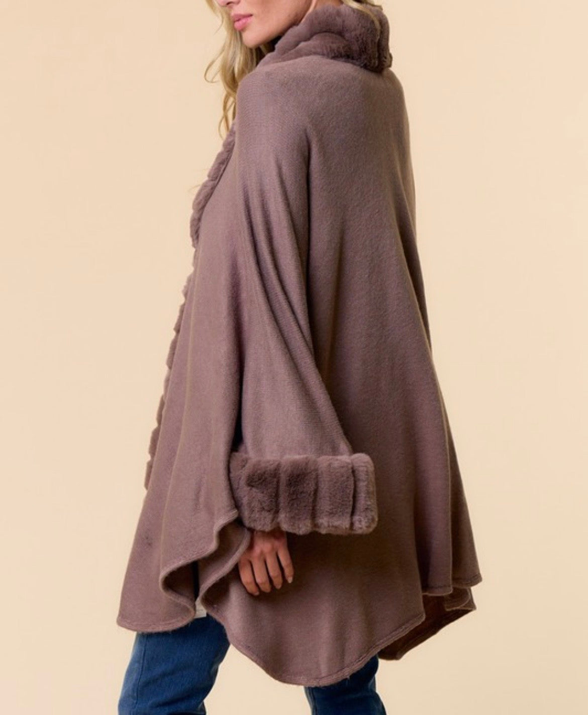 Mocha Plush Faux Fur Trim Cape Coat