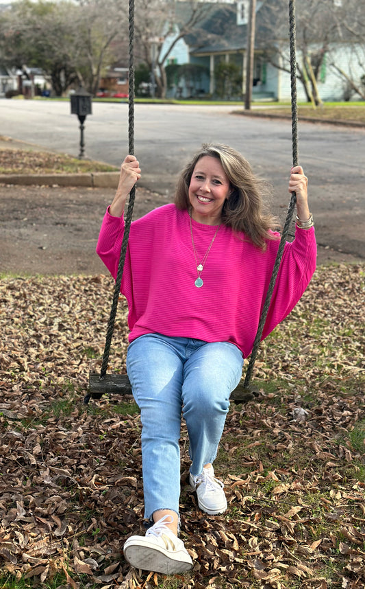 Hot Pink Plus Ribbed Batwing Long Sleeve Boat Neck Sweater
