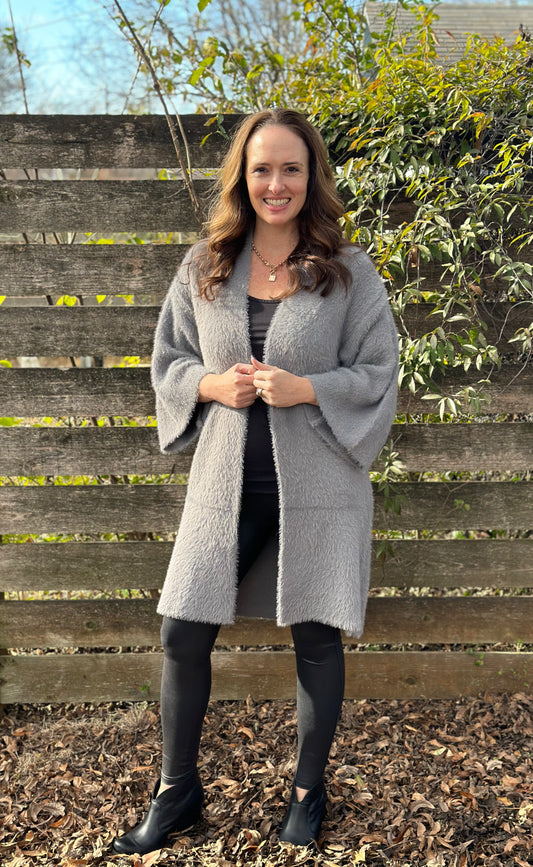 Gray Luxe Winter Faux Mohair Knit Cardigan