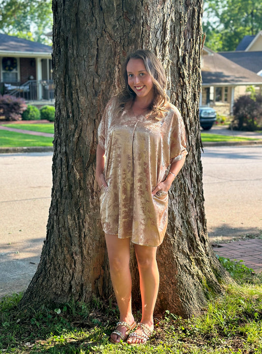 Caramel Metallic Dress with Pockets