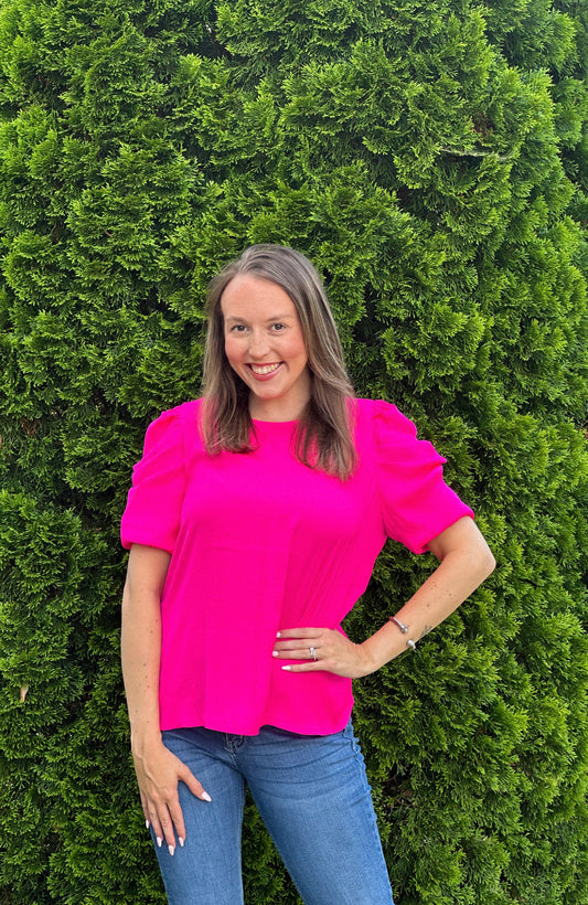 Hot Pink Short Sleeve Draped Blouse