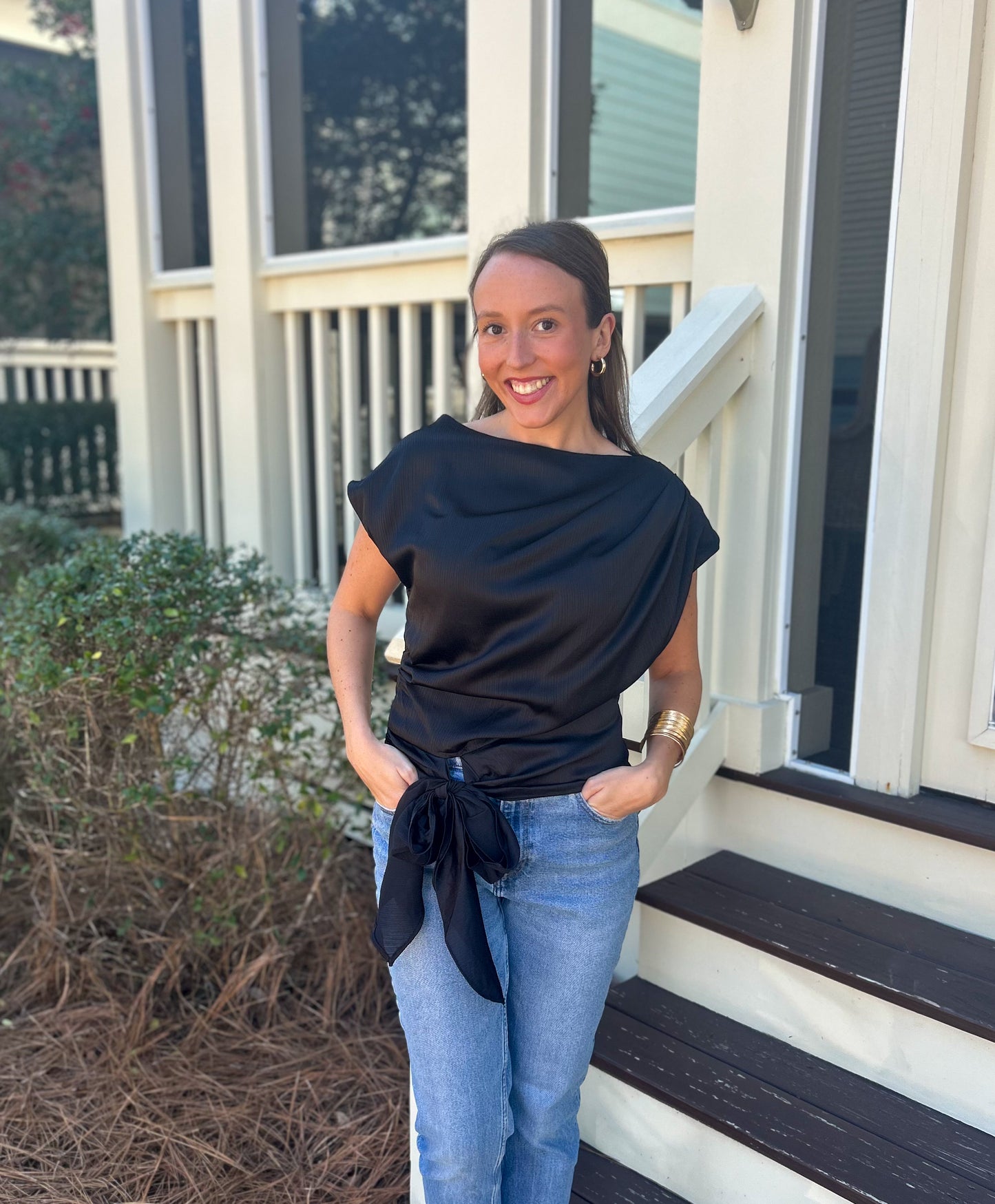 Boat Neck & Waist Tie Blouse-Black