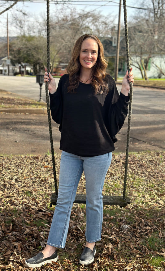 Black Plus Ribbed Batwing Long Sleeve Boat Neck Sweater