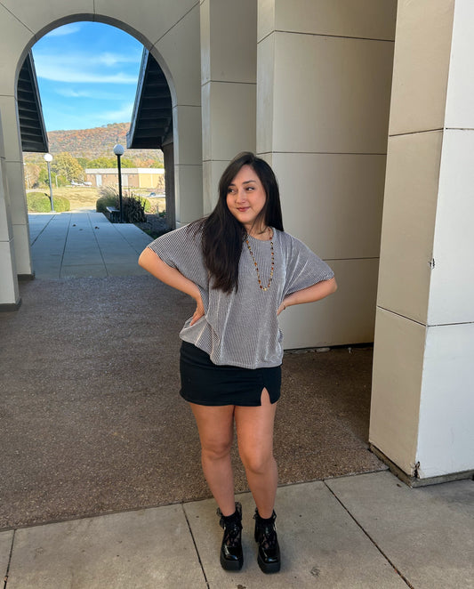 Black Ribbed Oversized Short Sleeve Top