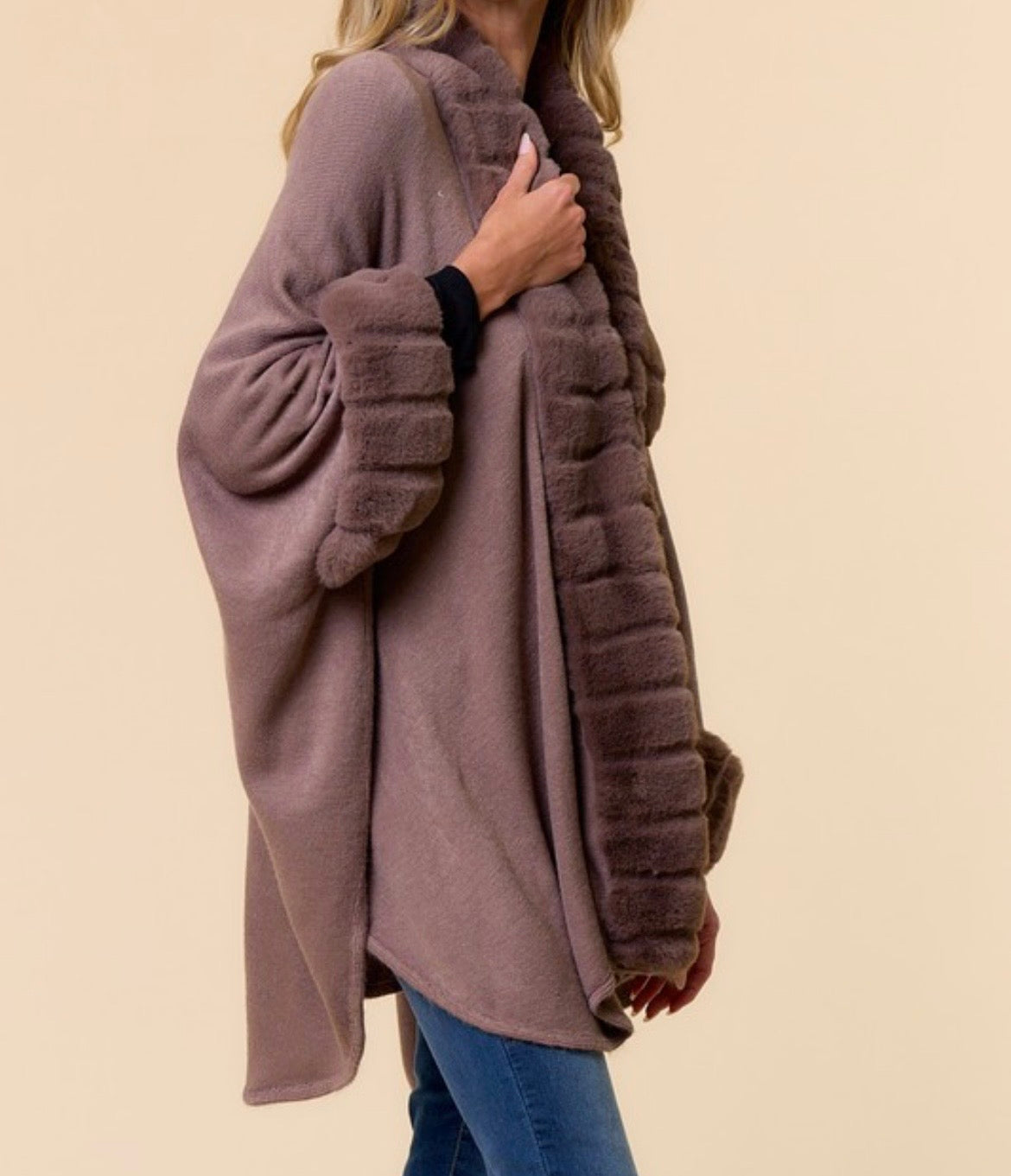Mocha Plush Faux Fur Trim Cape Coat