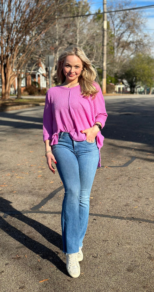Bright Mauve 3/4 Sleeve V-Neck Hi-Low Hem Jacquard Sweater