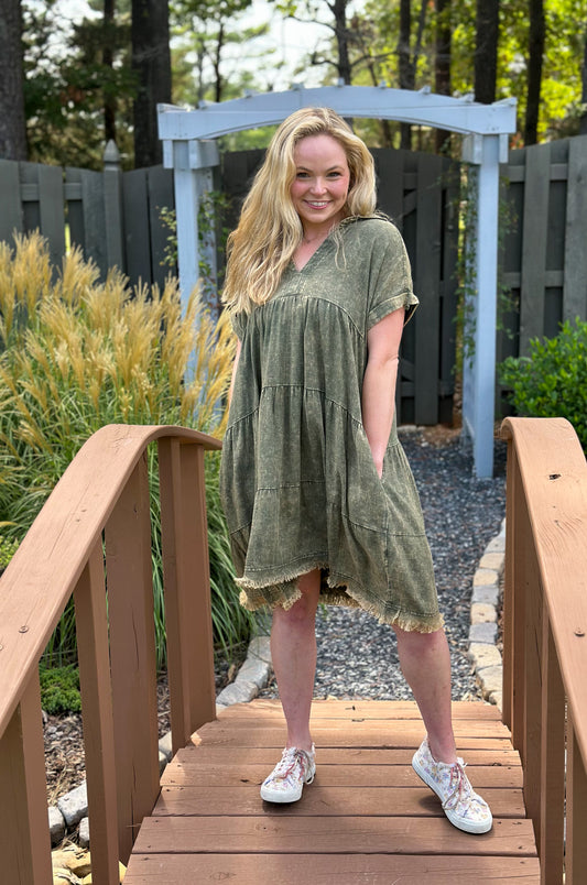 Light Olive Washed Linen Raw Edge V-Neck Dress