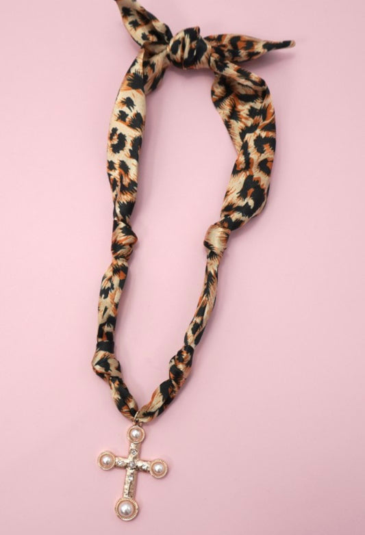 Cheetah Print Scarf Necklace with Cross Charm