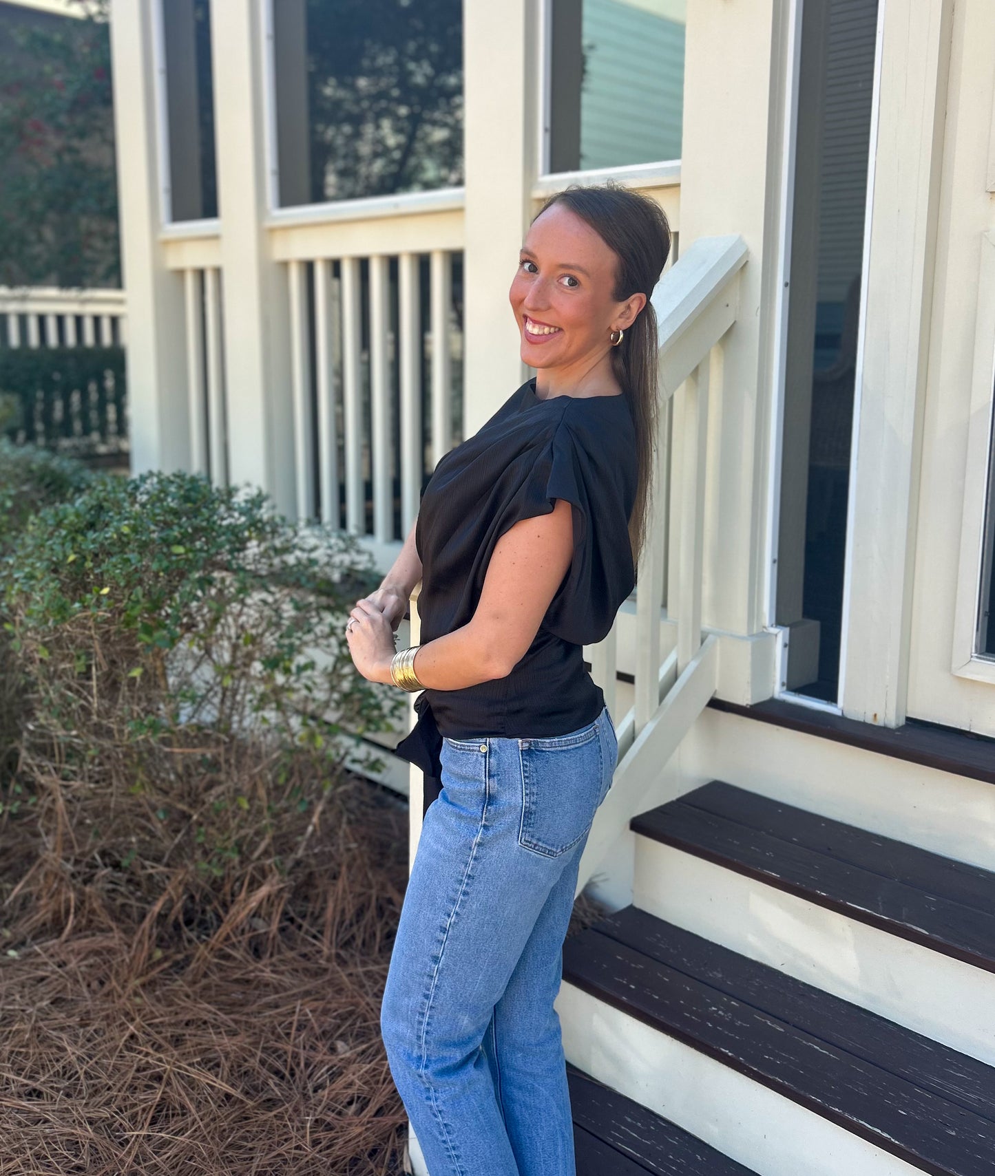 Boat Neck & Waist Tie Blouse-Black