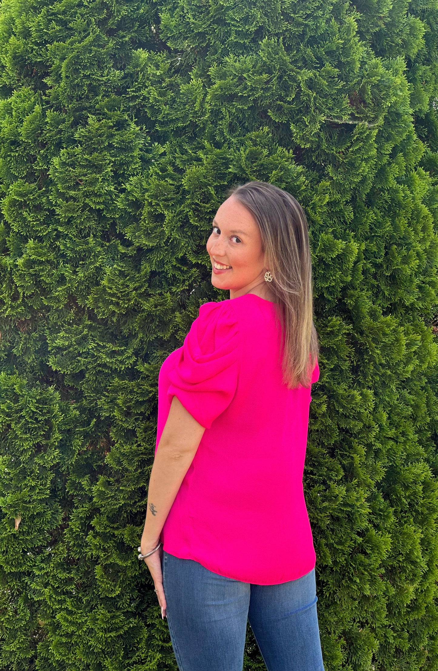 Hot Pink Short Sleeve Draped Blouse