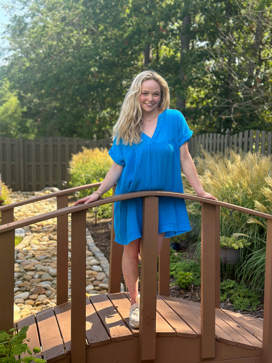 Double Gauze Raw Edge V-Neck Dress