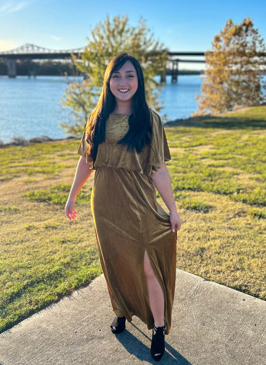 Gold Cape Style Velvet Maxi Dress
