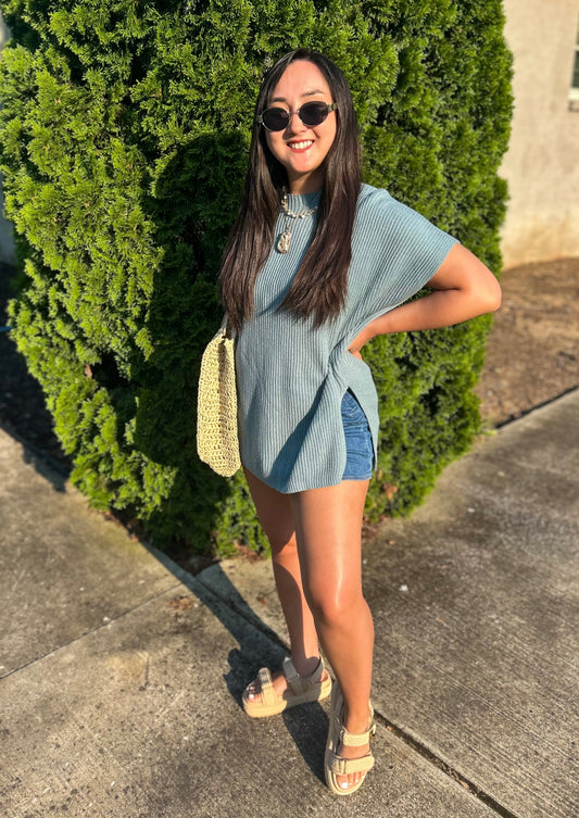 Haze Blue Short Sleeve Oversized Sweater w/ Side Slit
