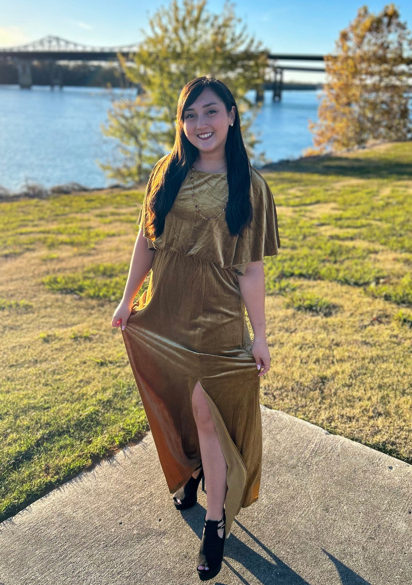 Gold Cape Style Velvet Maxi Dress