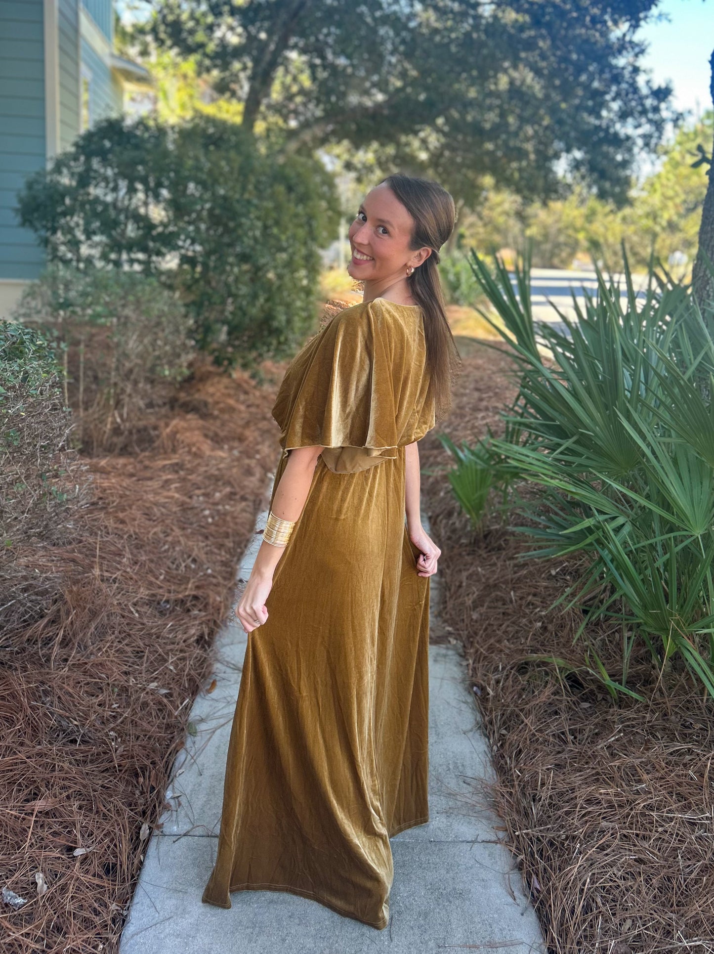 Cape Style Velvet Maxi Dress-Gold