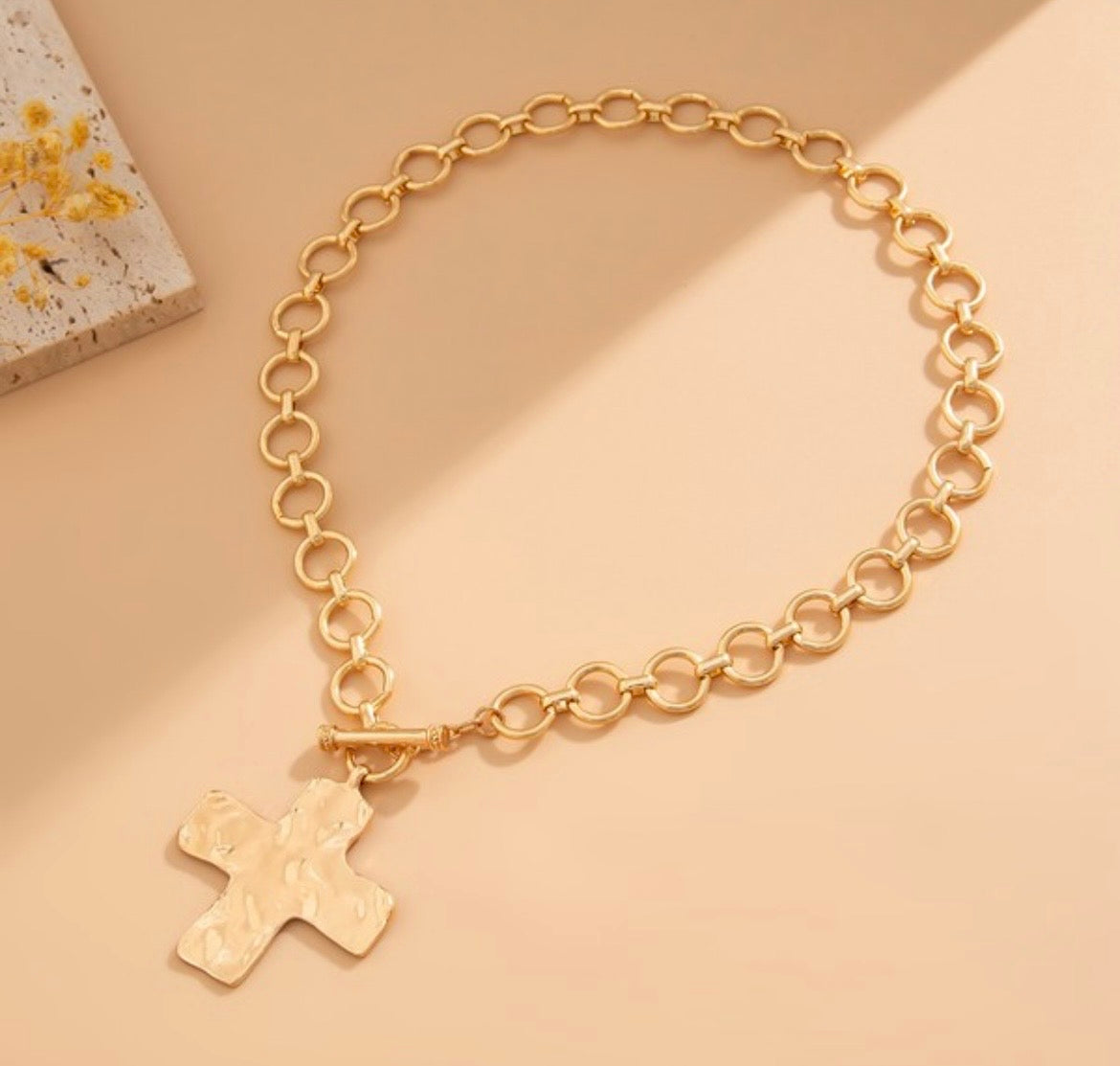 Notable Hammered Cross Front Toggle Necklace