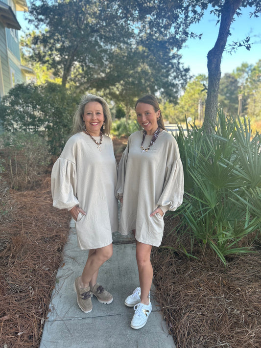 Solid Textured Dress w/ Pockets-Taupe