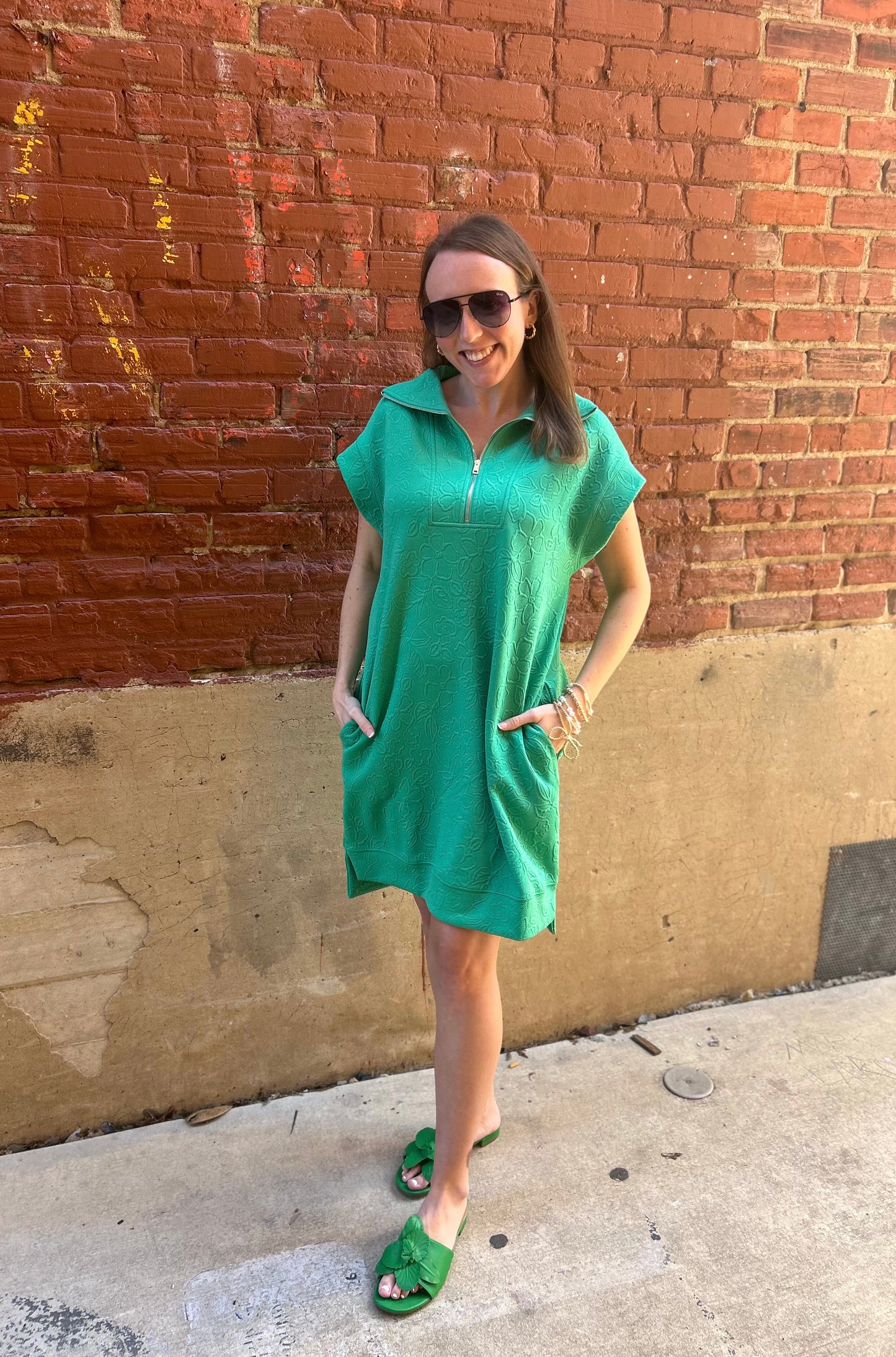 Half Zip Jacquard Dress w/ Pockets-Emerald