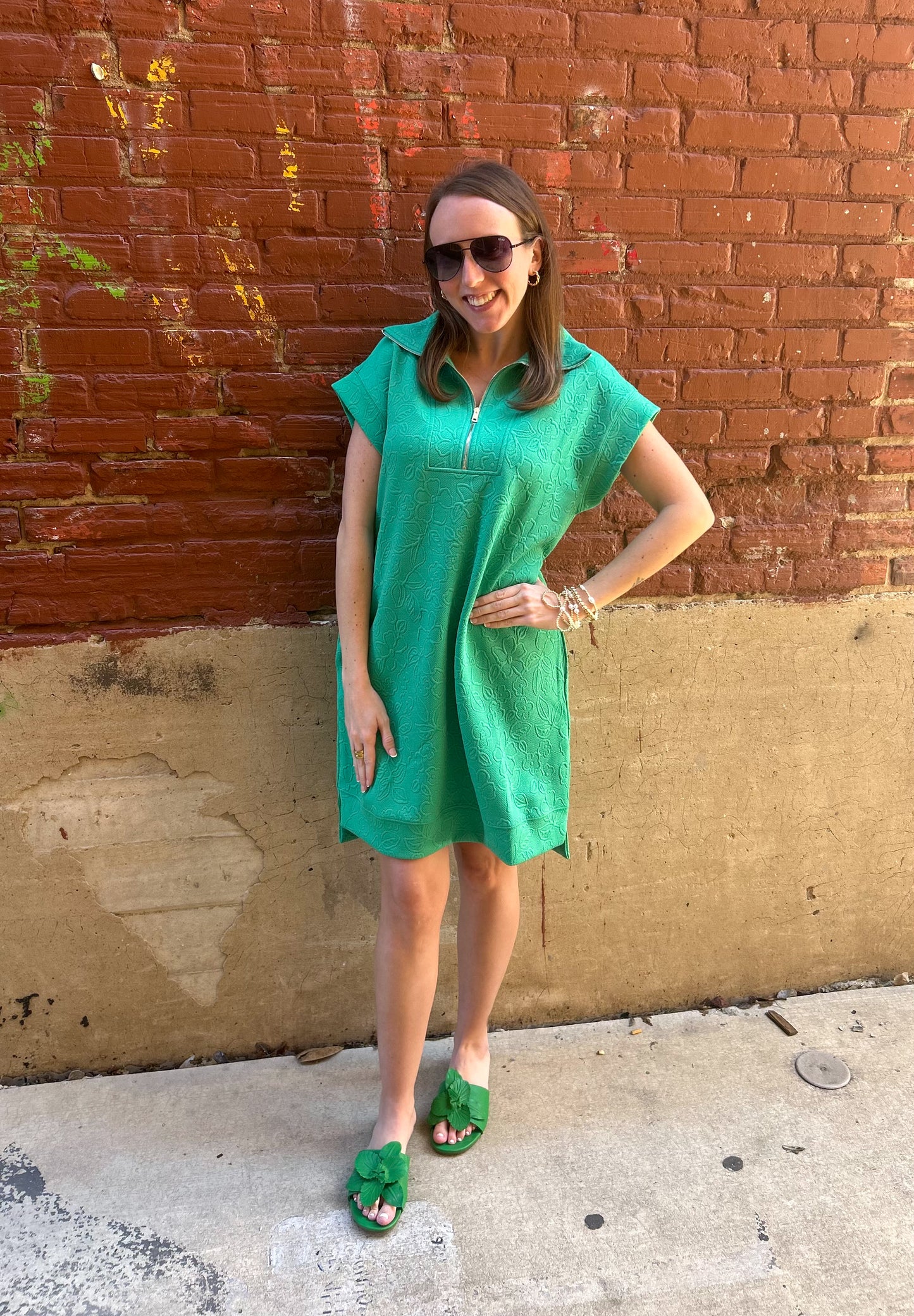 Half Zip Jacquard Dress w/ Pockets-Emerald