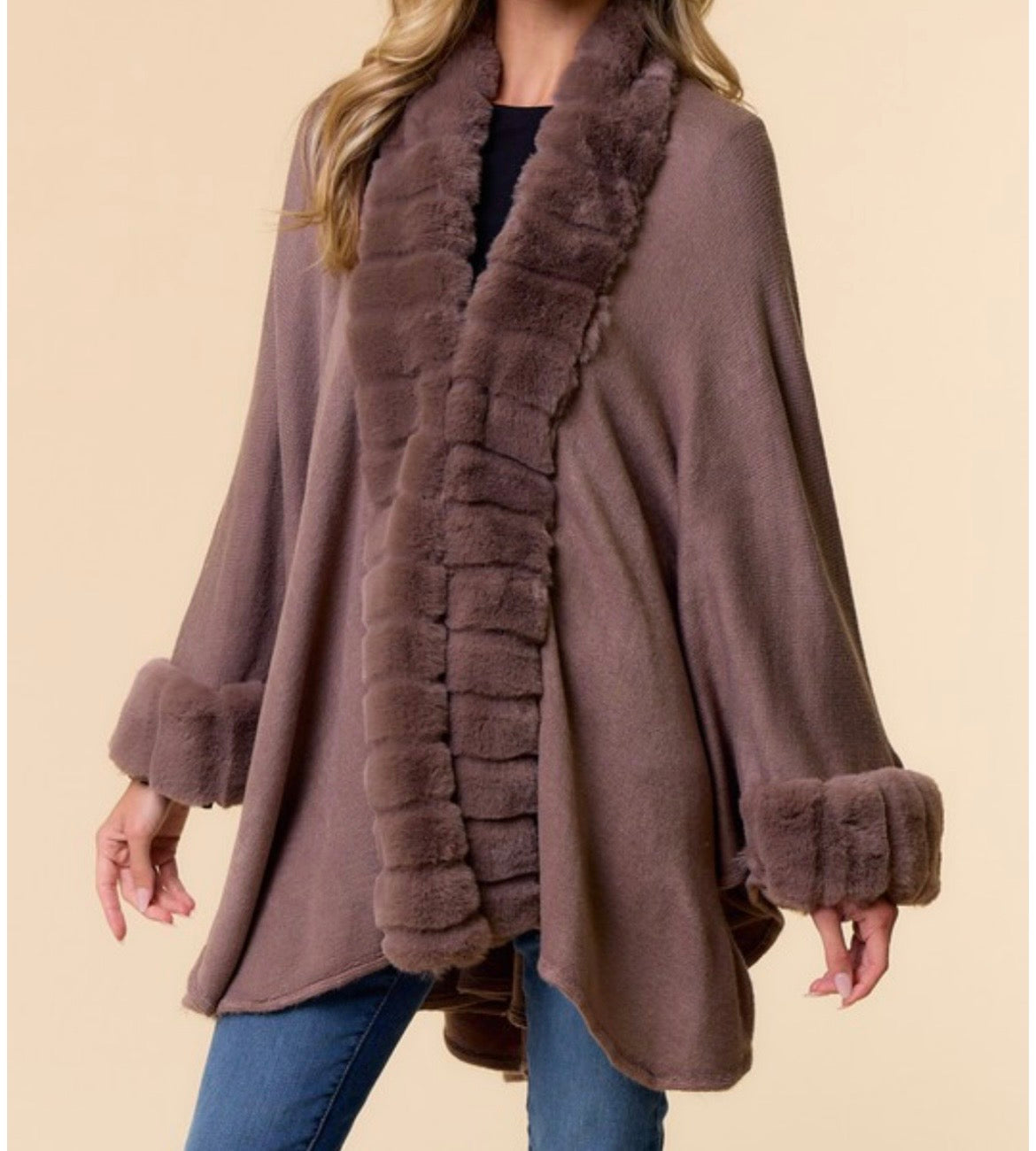Mocha Plush Faux Fur Trim Cape Coat
