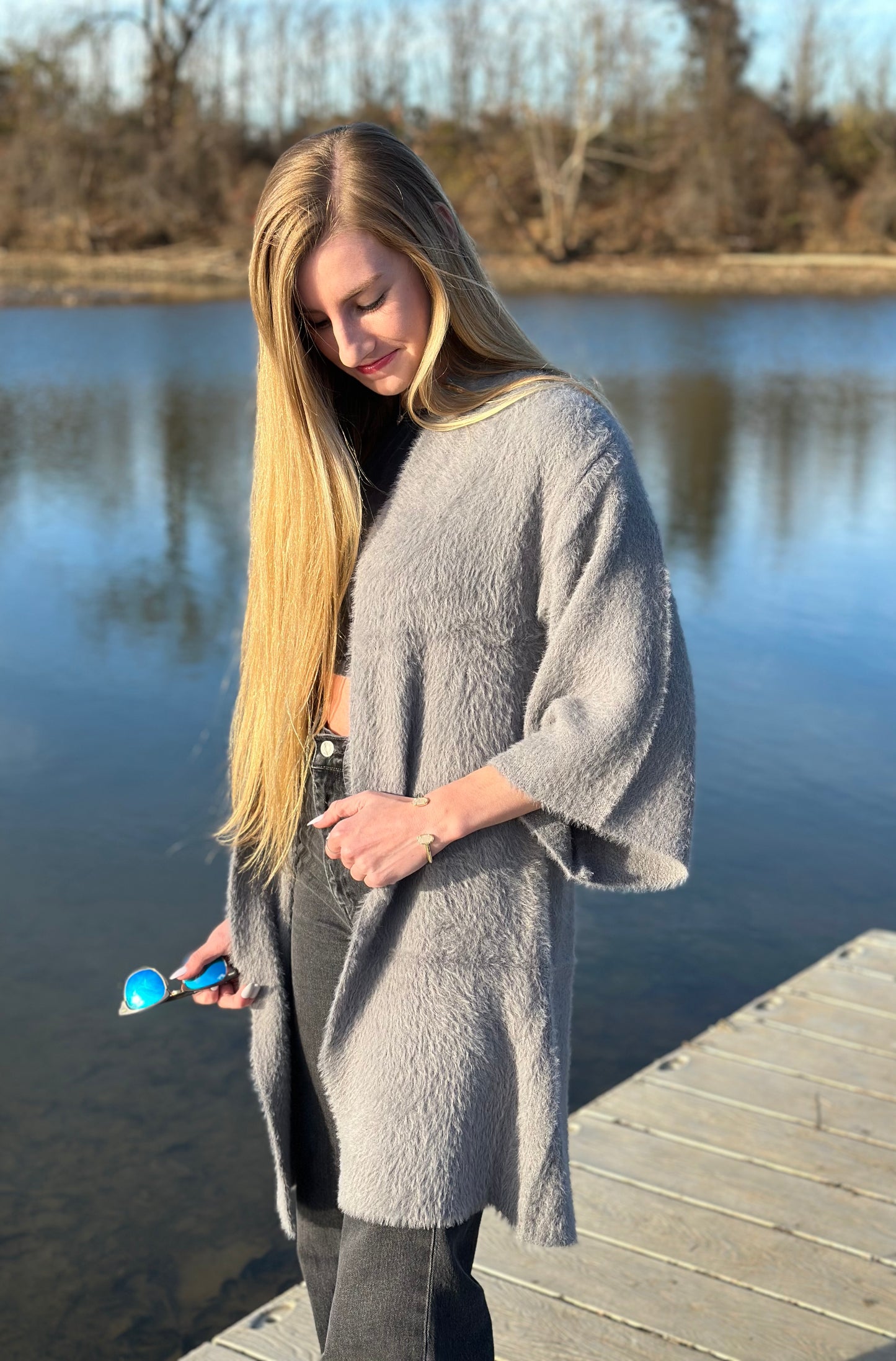 Gray Luxe Winter Faux Mohair Knit Cardigan