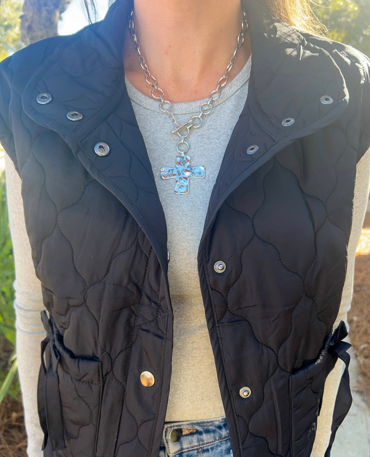 Notable Hammered Cross Front Toggle Necklace