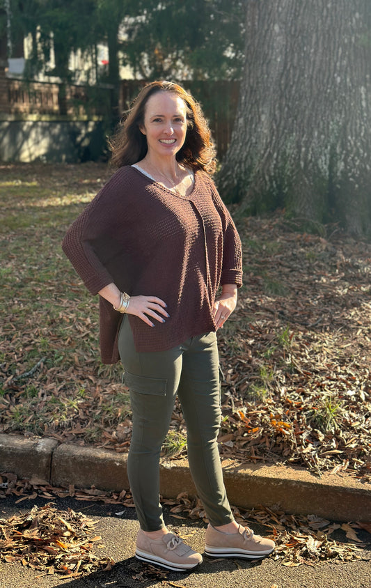 Mahogany 3/4 Sleeve V-Neck Hi-Low Hem Jacquard Sweater