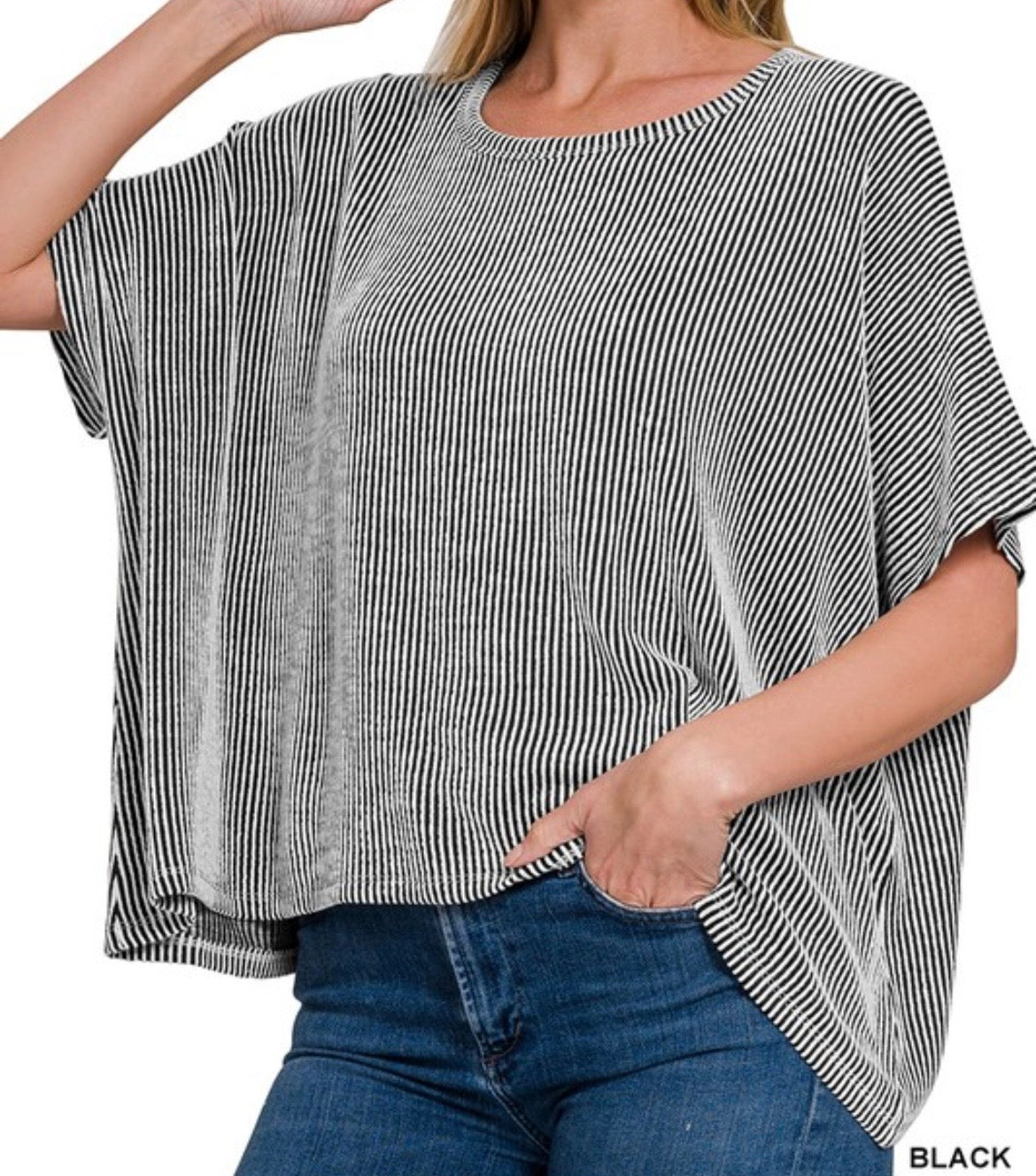 Black Ribbed Oversized Short Sleeve Top