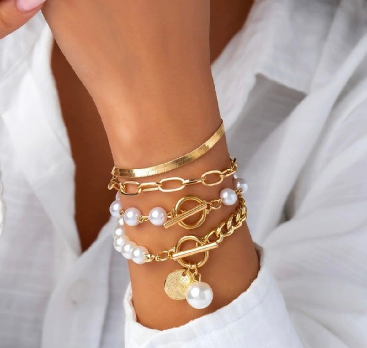 Multilayer Pearl Chain Herringbone Mix Bracelet