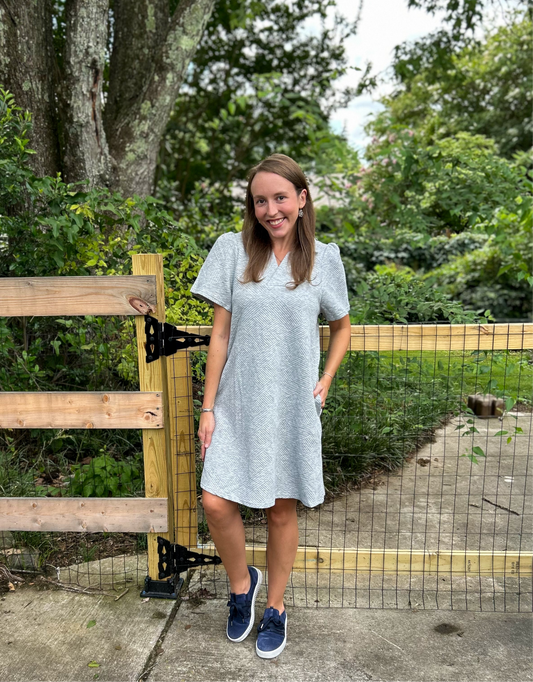 Grey Collared Textured Pocket Dress