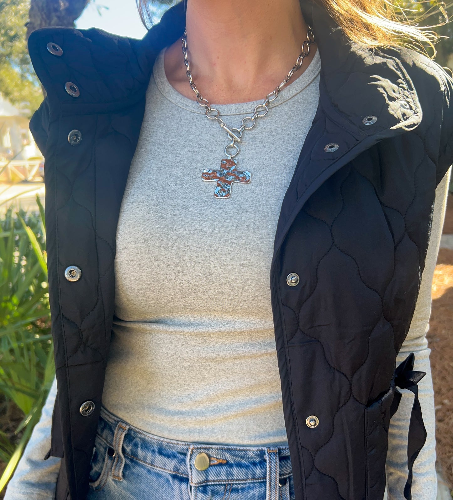 Notable Hammered Cross Front Toggle Necklace