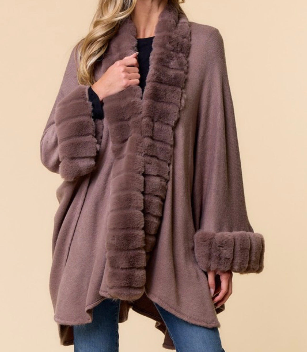 Mocha Plush Faux Fur Trim Cape Coat