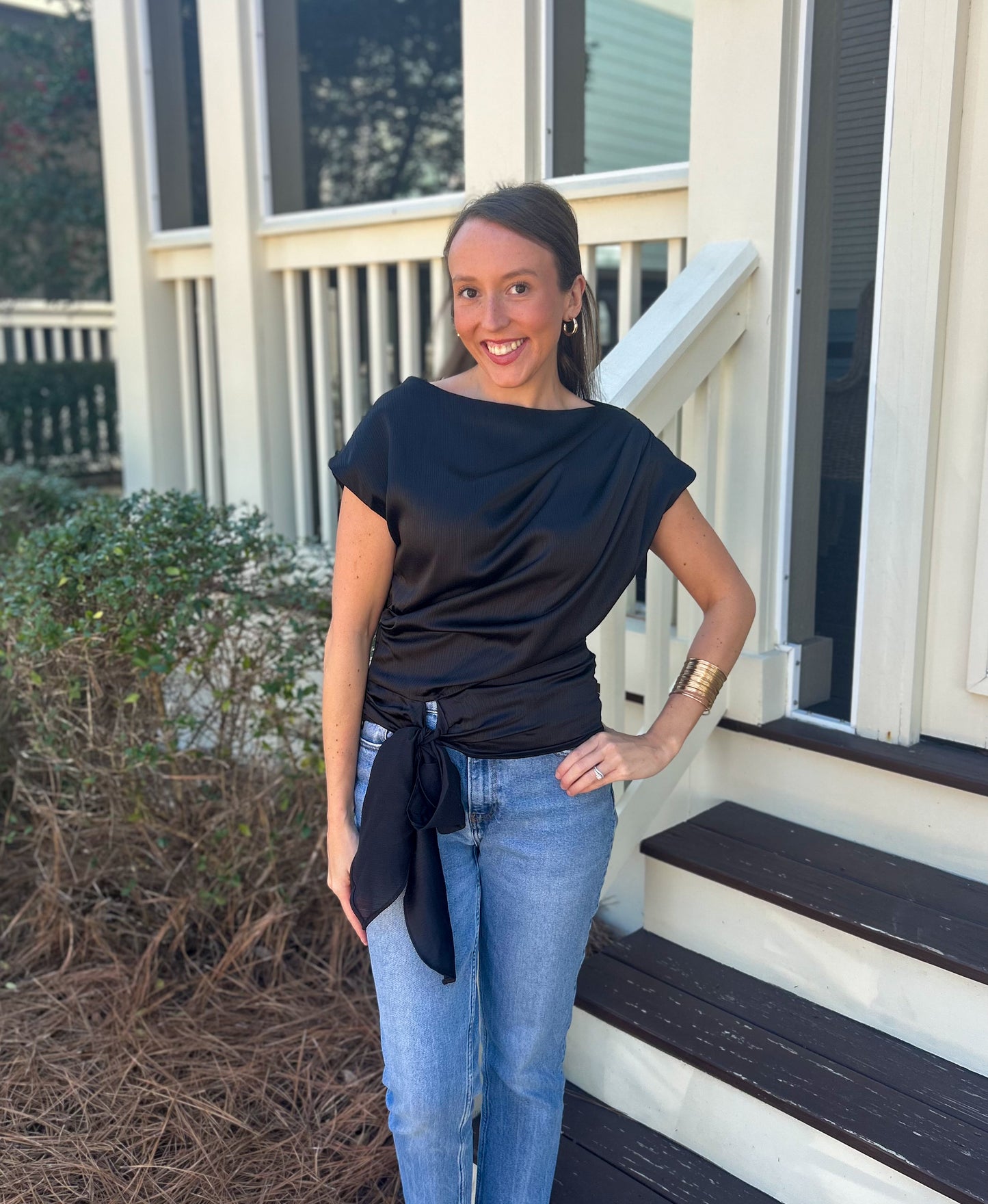 Boat Neck & Waist Tie Blouse-Black