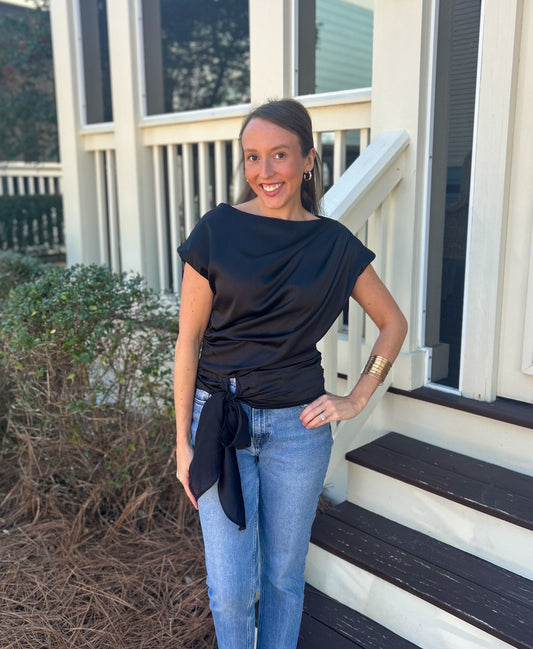 Boat Neck & Waist Tie Blouse-Black