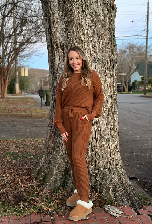Waffle Knit Lounge Wear Top and Pants Set