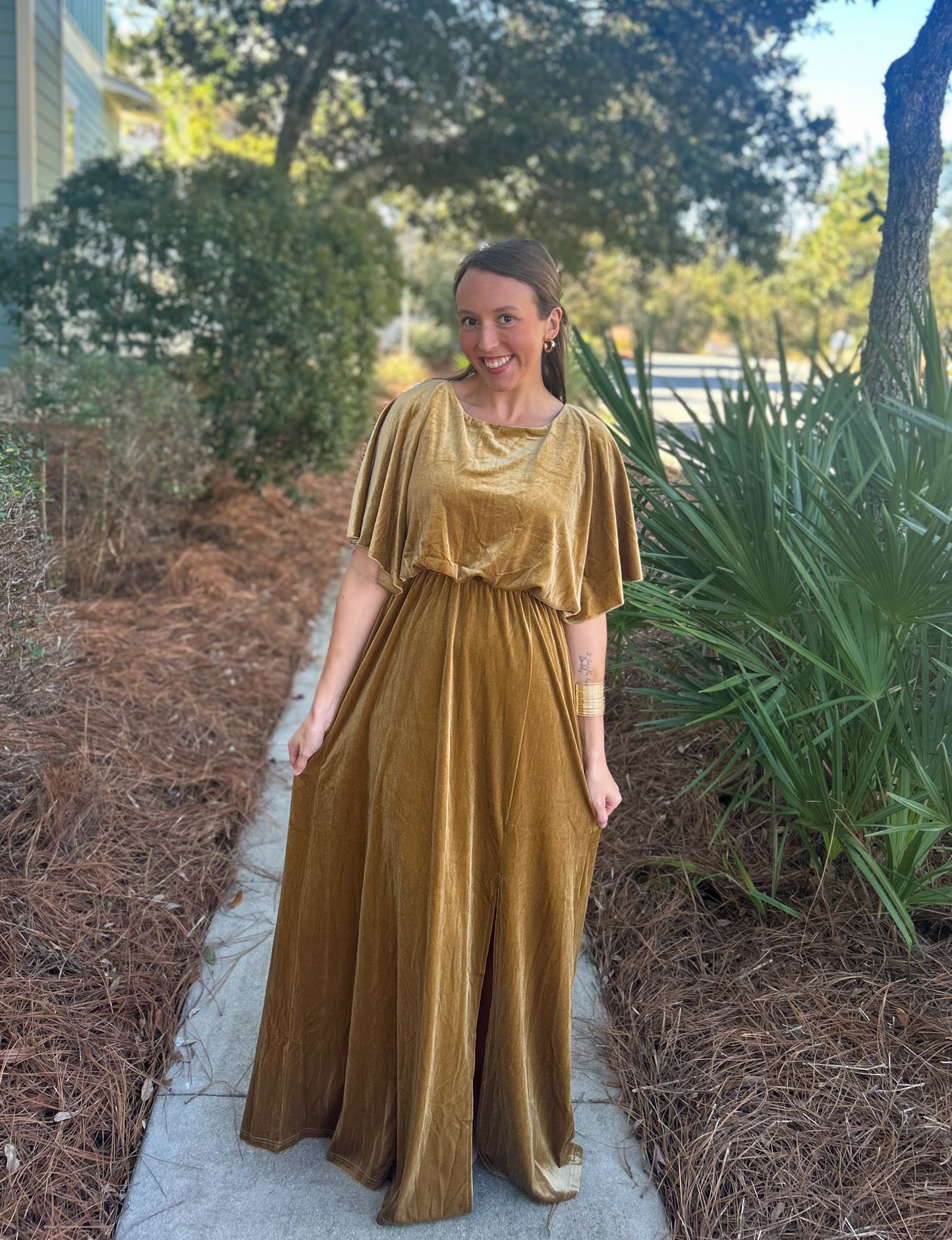 Cape Style Velvet Maxi Dress-Gold