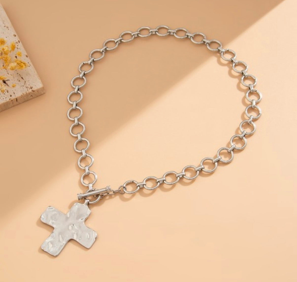 Notable Hammered Cross Front Toggle Necklace