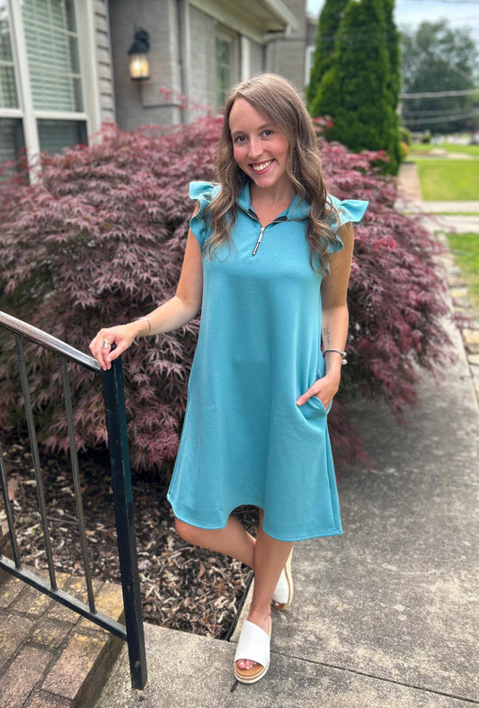 Dusty Teal Short Sleeve Scuba Dress