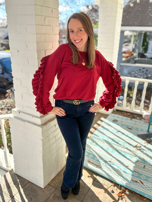 Burgundy French Terry Top w/ Ruffle Sleeves
