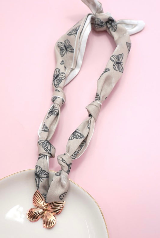 Butterfly Print Scarf Necklace  with Butterfly Charm