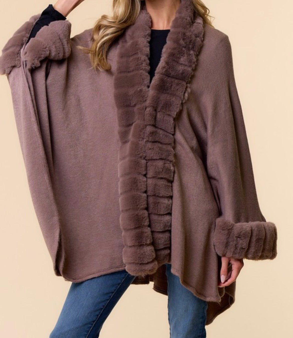 Mocha Plush Faux Fur Trim Cape Coat